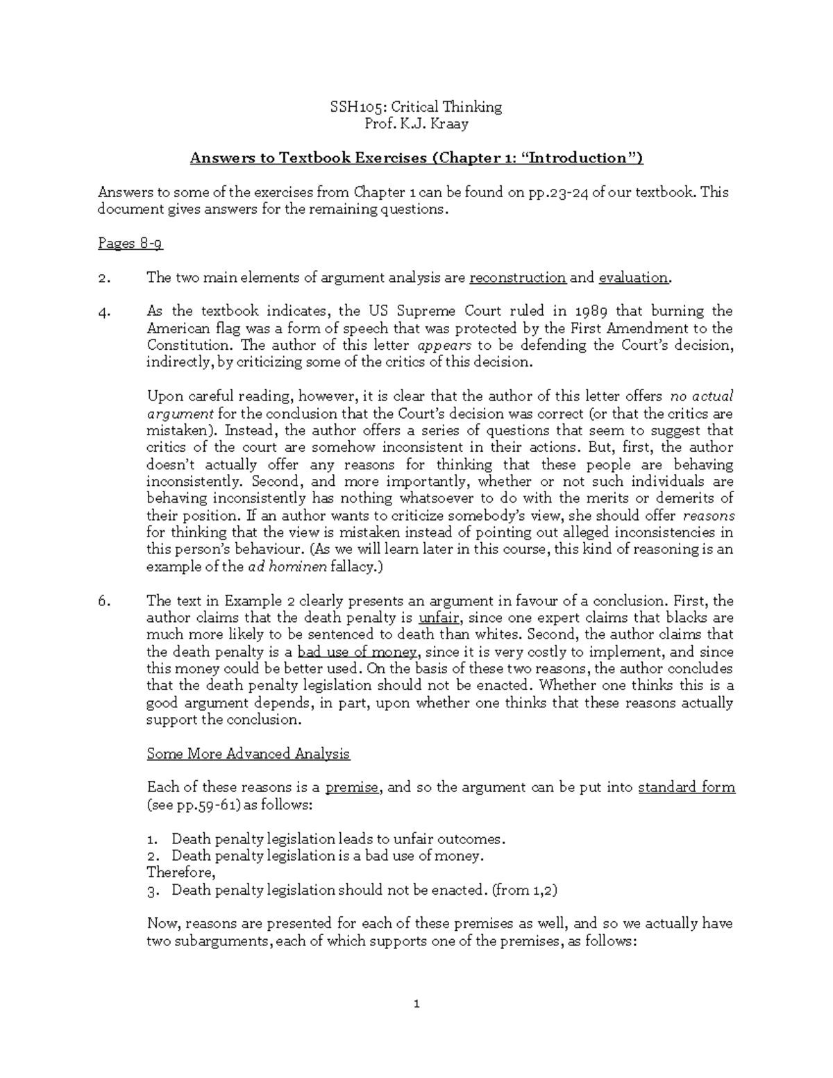Chapter 1 Exercise Solutions - SSH105: Critical Thinking Prof. K. Kraay ...