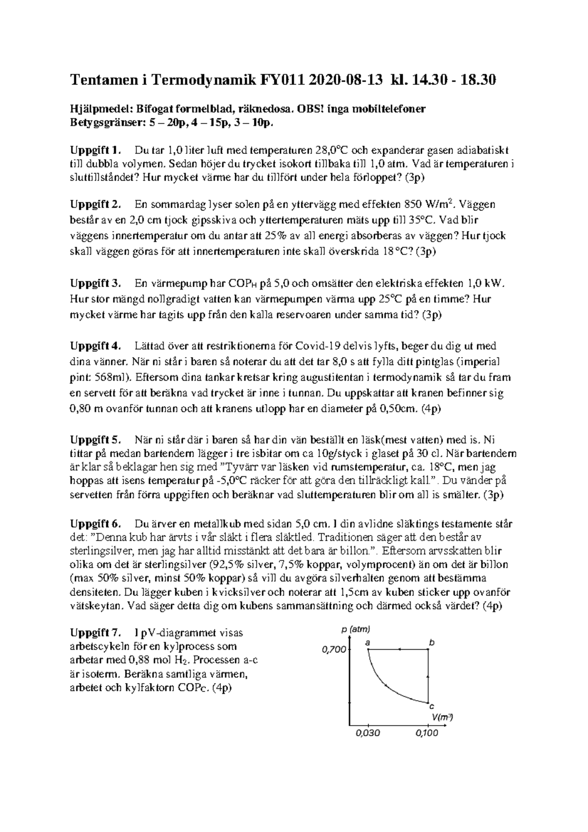 FYA011 2008 13 - Gamla Grejer - Tentamen I Termodynamik FY011 2020-08 ...