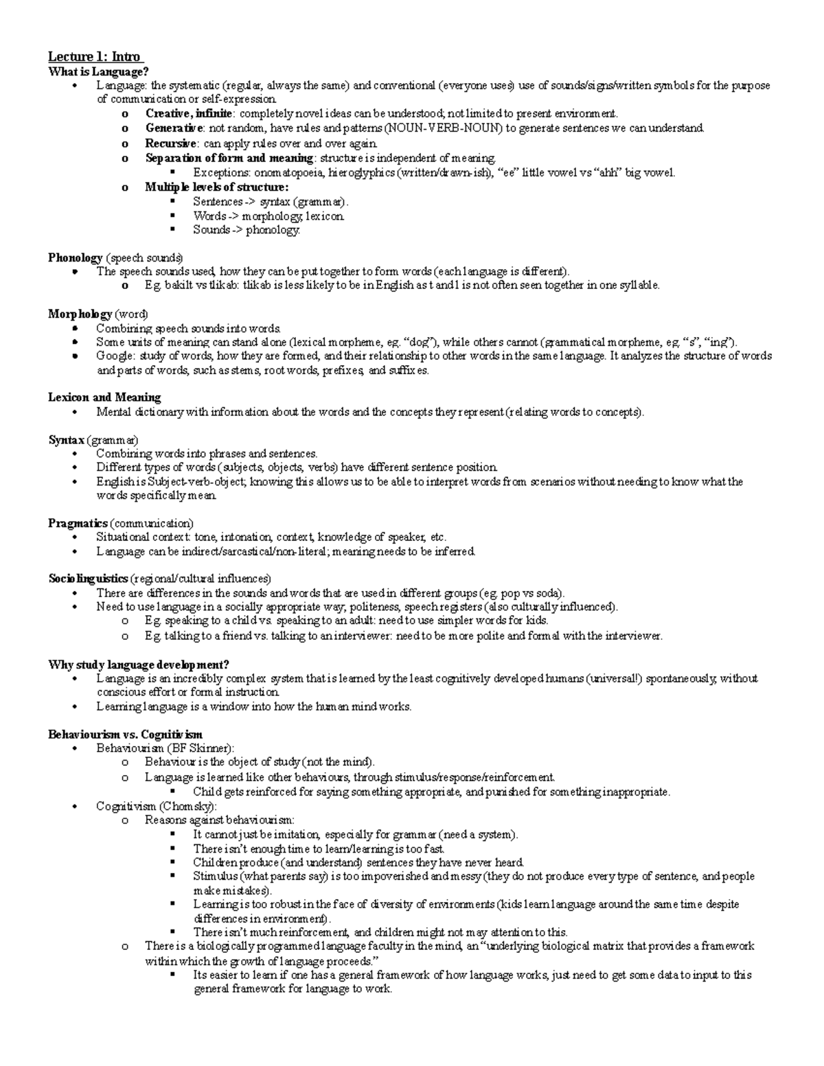 Midterm 1 study - Lecture notes 1-8 - Lecture 1: Intro What is Language ...