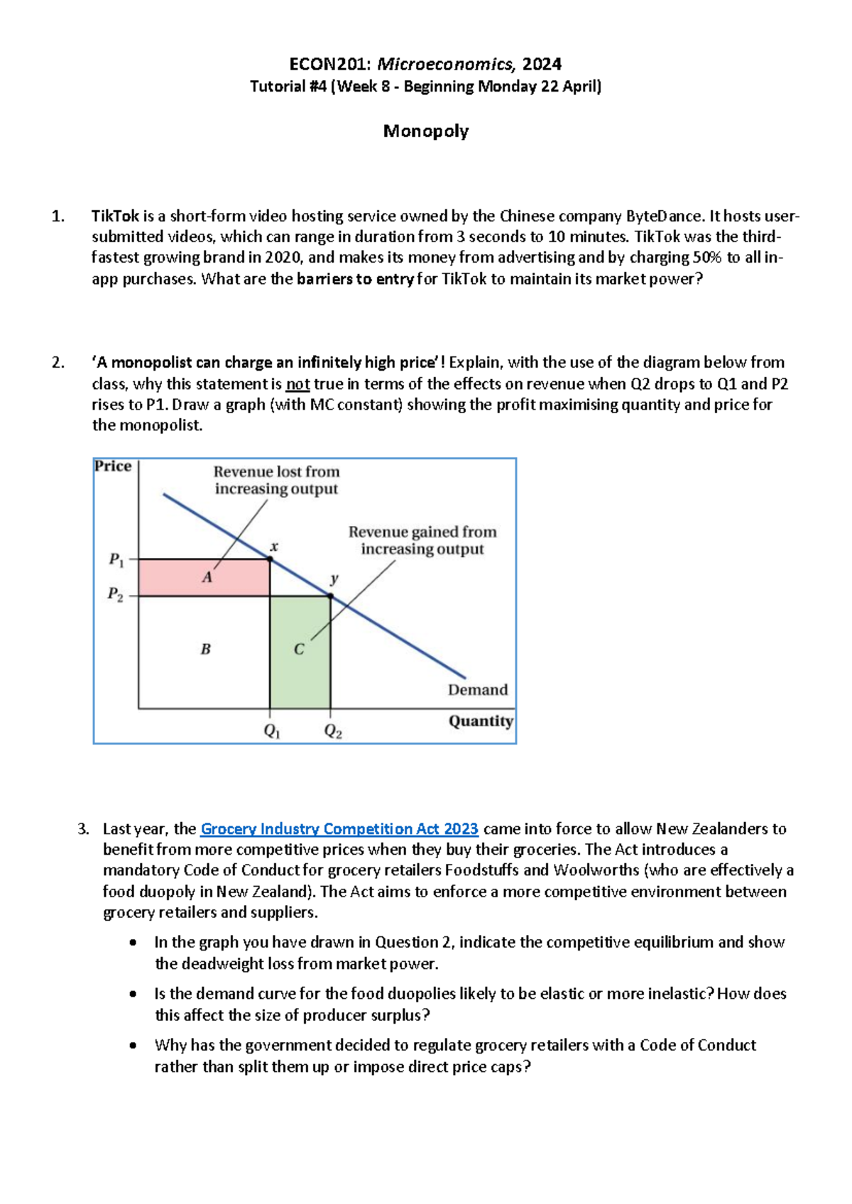 Econ201 2024 Tutorial 4 Econ201 Microeconomics 2024 Tutorial 4