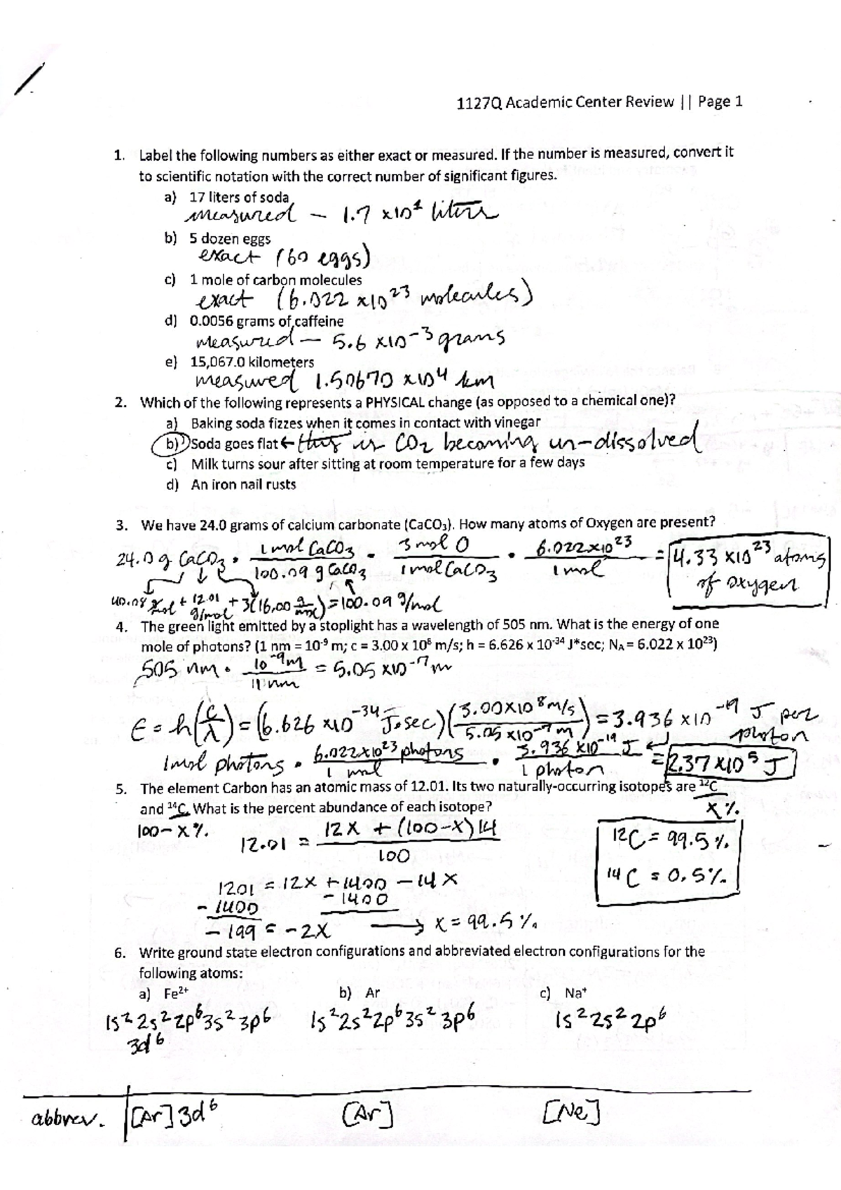 1127Q Academic Center Review Key - CHEM 1127Q - Studocu