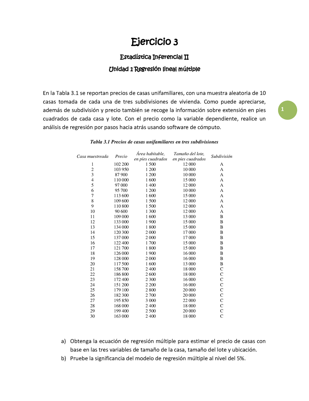 Regresion lineal multiple ejercicio - Warning: TT: undefined function: 32 1  Ejercicio 3 Estadística - Studocu