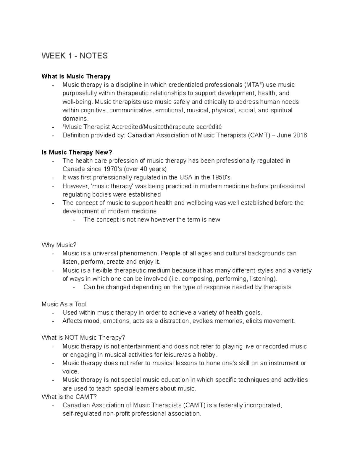 Music - lectures 1 - 5 notes - WEEK 1 - NOTES What is Music Therapy ...
