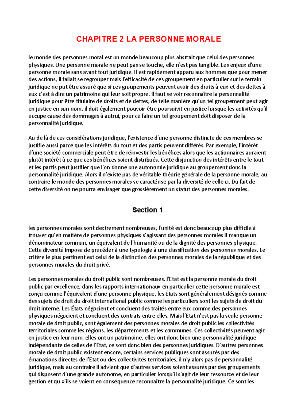 La personne morale (droit privé) CHAPITRE 2 LA PERSONNE MORALE le