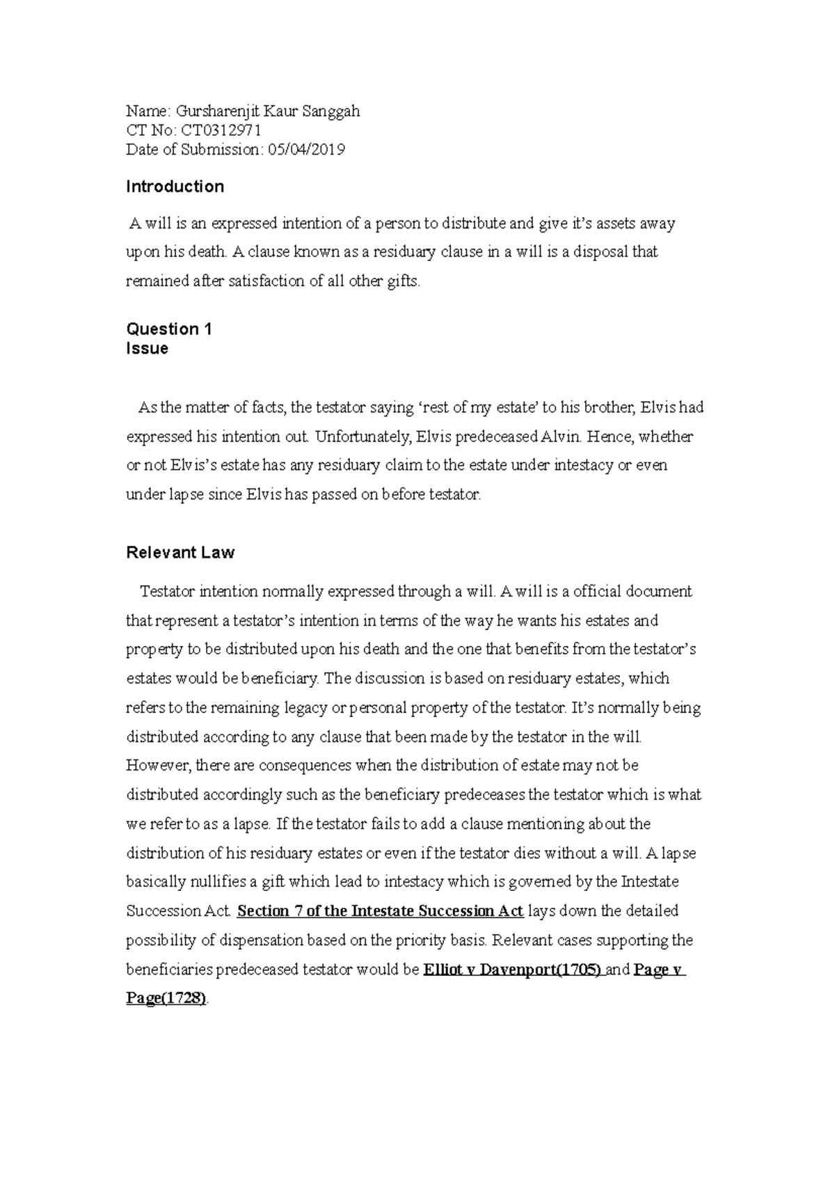 Wills and Estates Assignment - Name: Gursharenjit Kaur Sanggah CT No ...