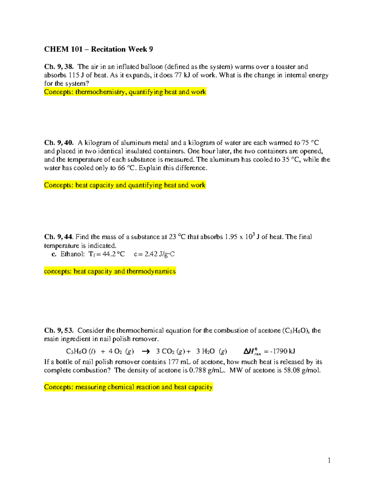 CHEM 101 Recitation Week 9 - CHEM 101 – Recitation Week 9 Ch. 9, 38 ...