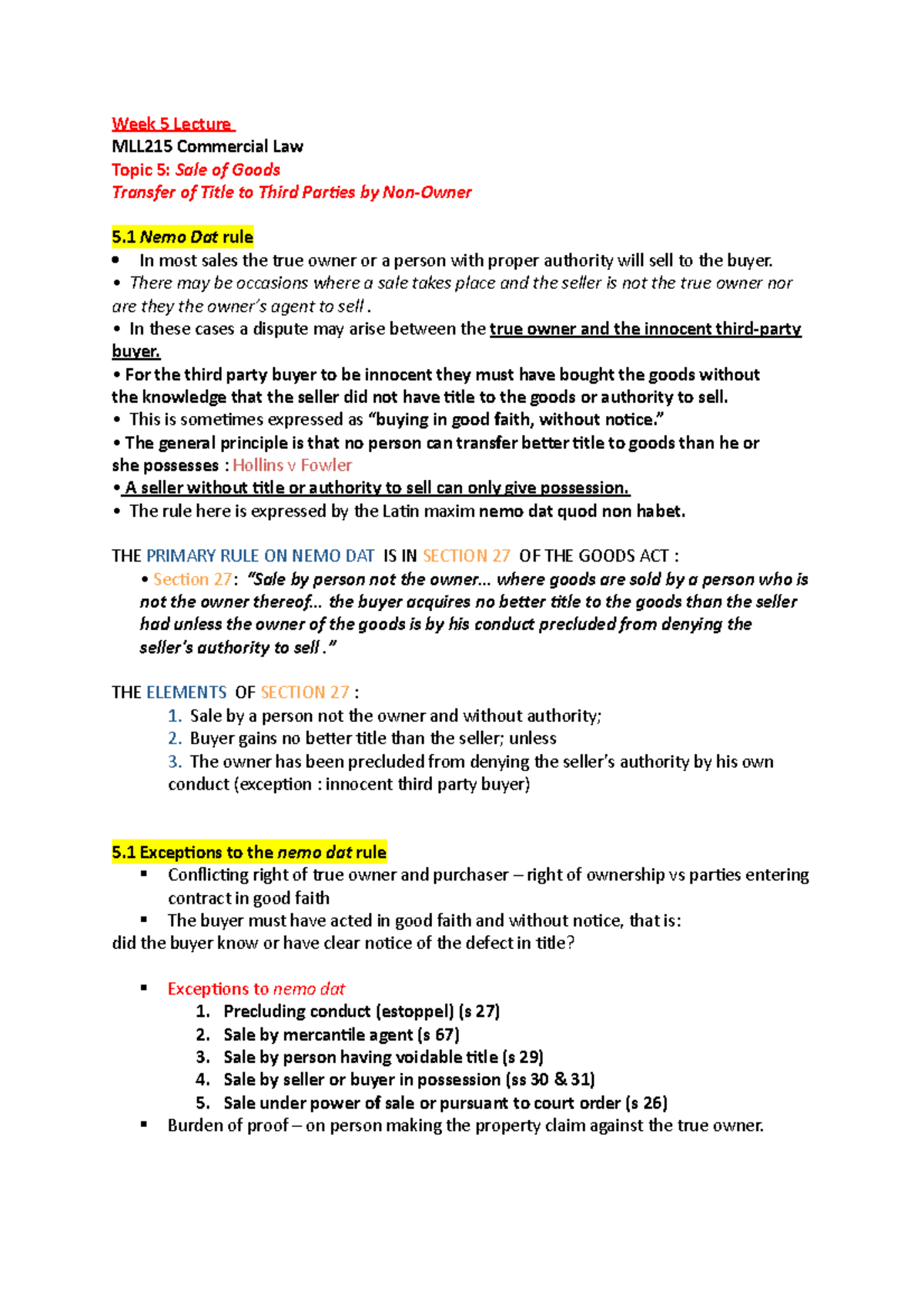 Week 5 Lecture - Week 5 Lecture MLL215 Commercial Law Topic 5: Sale of ...