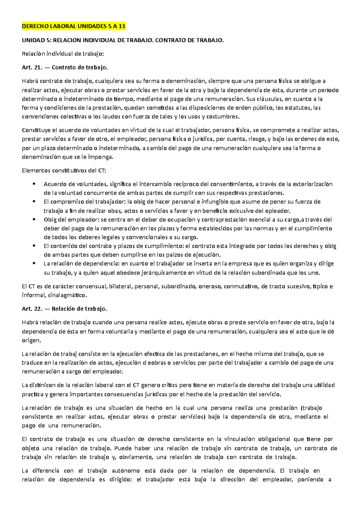 Laboral Resumen - DERECHO LABORAL UNIDADES 5 A 11 UNIDAD 5: RELACION ...