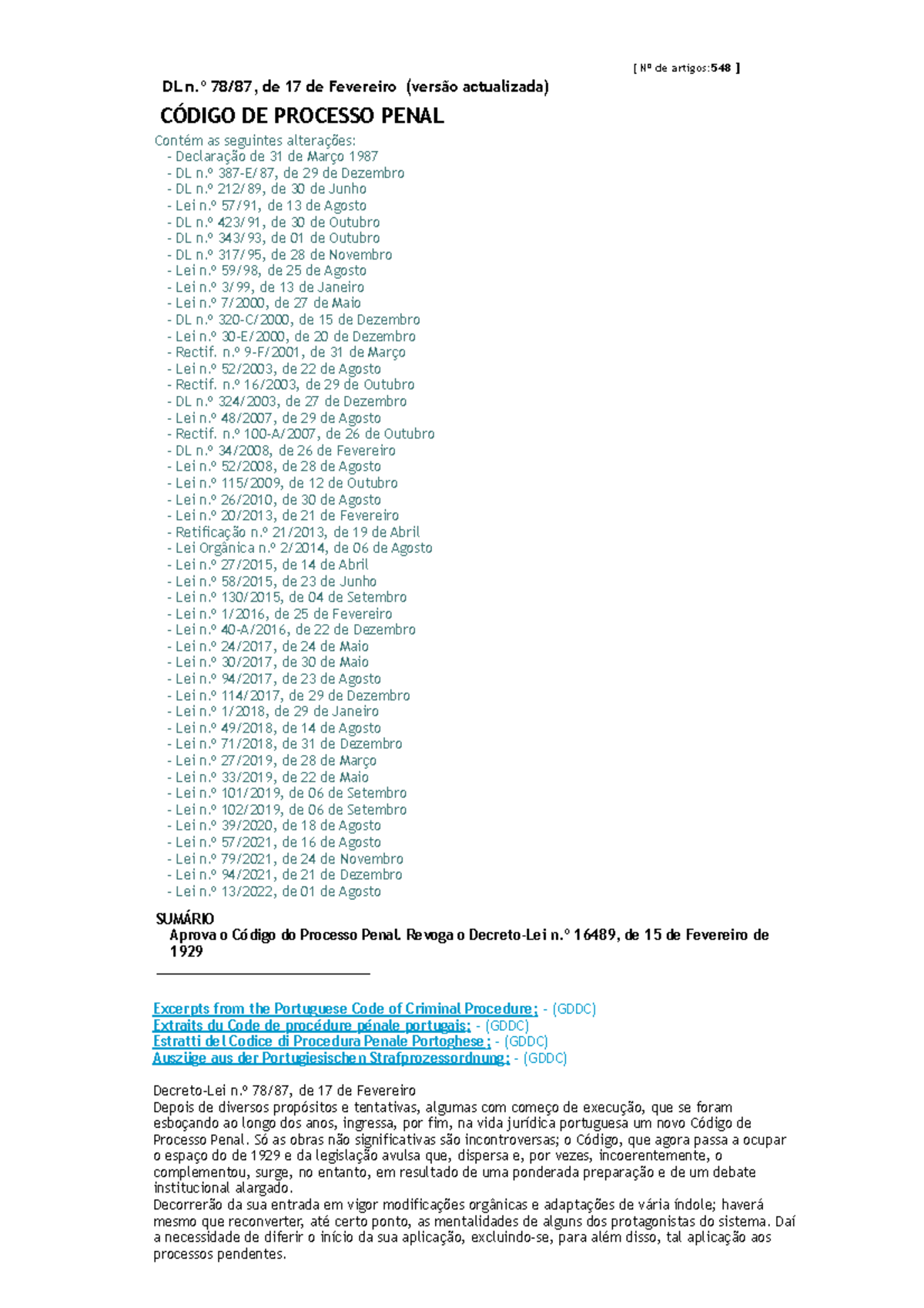 Código de processo penal - [ Nº de artigos:548 ] DL n.º 78/87, de 17 de ...