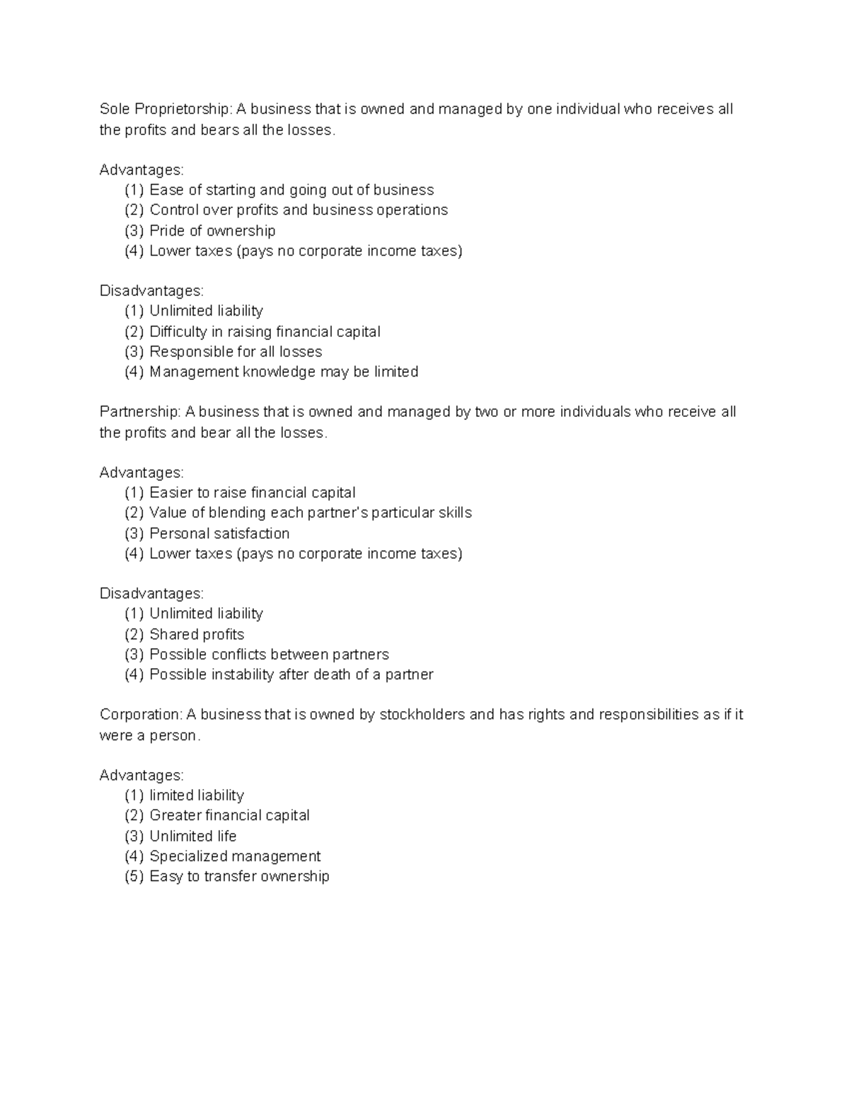 1.02 Types of Business Ownership notes Sole Proprietorship A