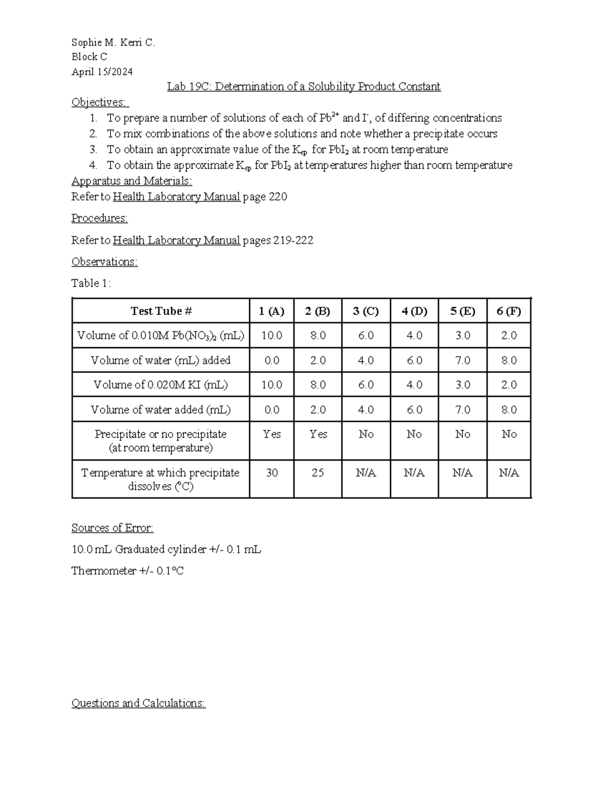 determination of a solubility product constant experiment 19c