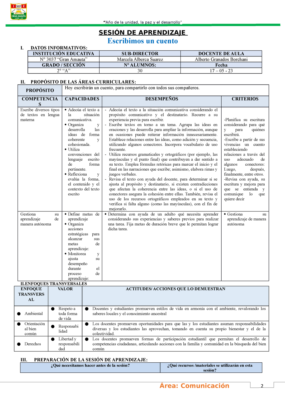 Sesion El Cuento - SESIÓN DE APRENDIZAJE Escribimos Un Cuento I. DATOS ...