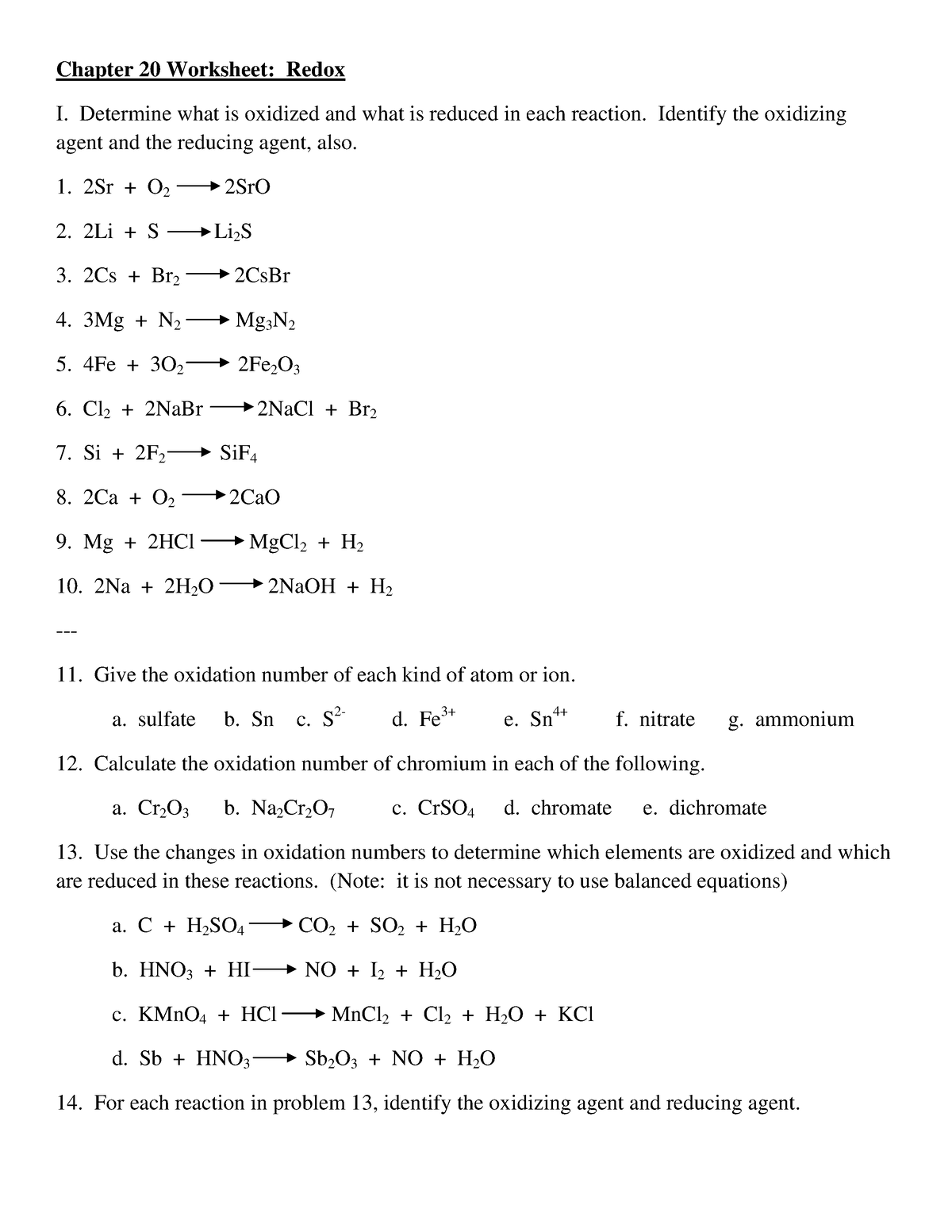 Chapter 20 Worksheet Redox - Chapter 20 Worksheet: Redox I. Determine ...