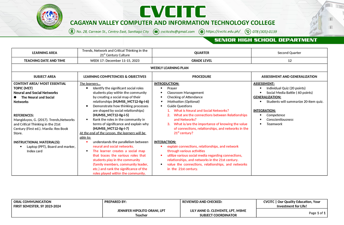 WEEK 17 WLP TNCT - ORAL COMMUNICATION WLP - LEARNING AREA Trends ...