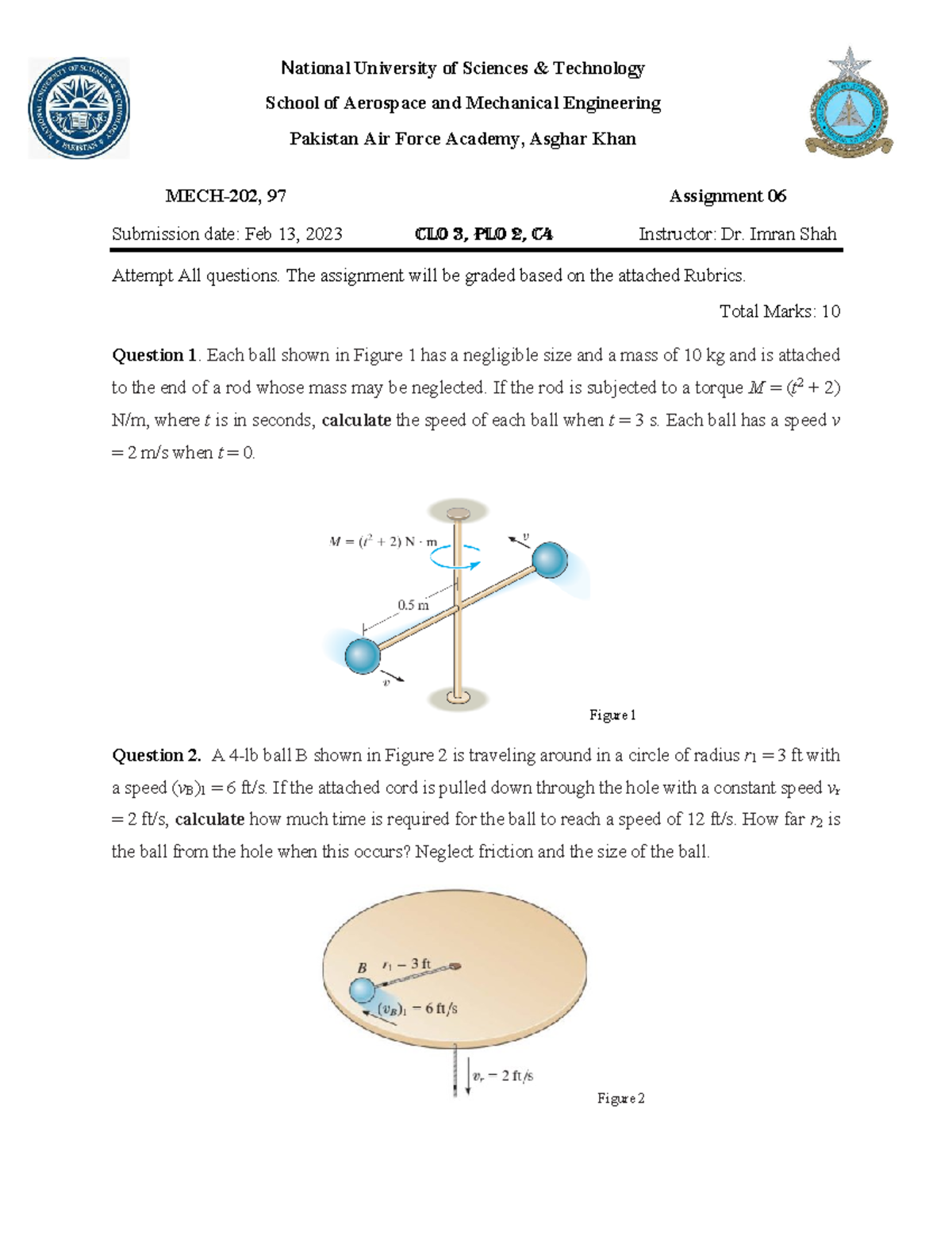 MECH 202 Assignment 6 - National University Of Sciences & Technology ...