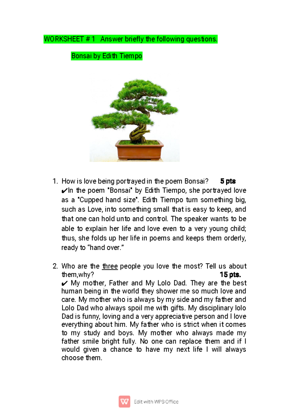 Worksheet 1 , Bonsai WORKSHEET 1 Answer briefly the following