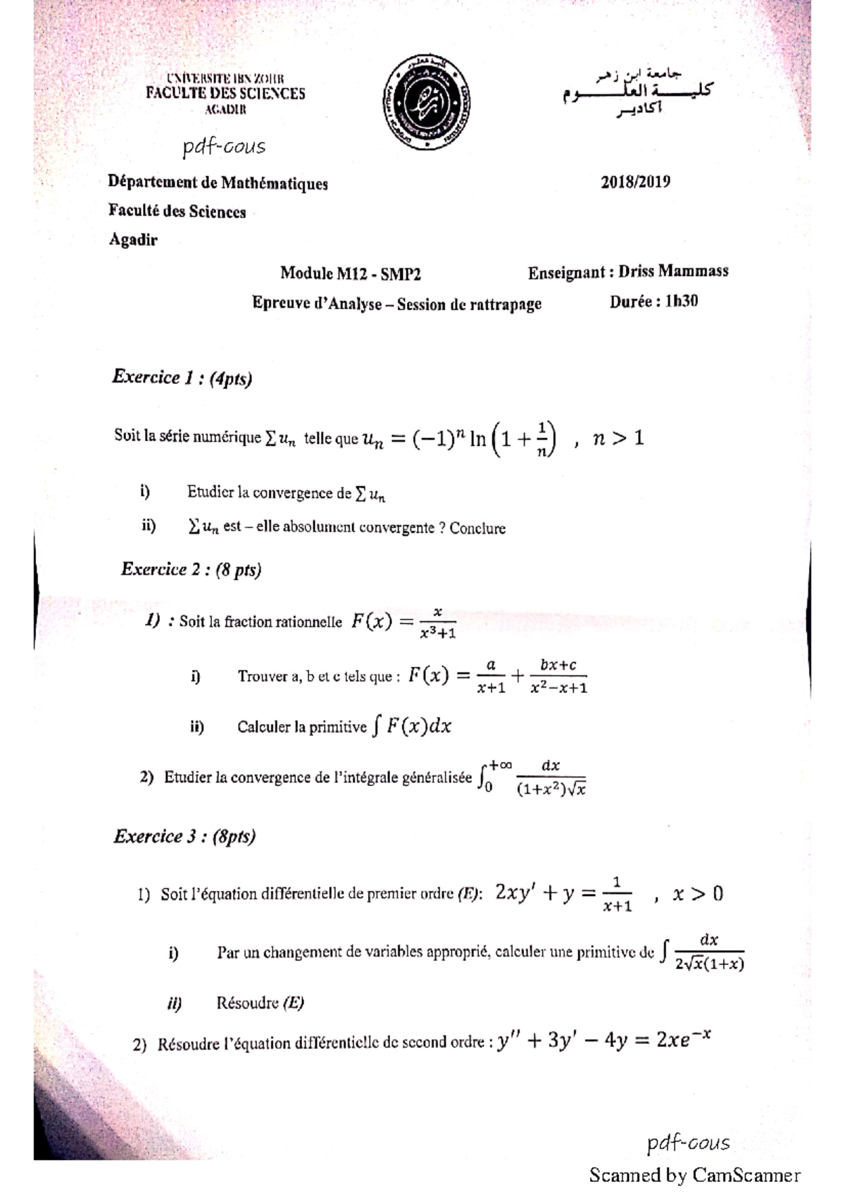 Exam ratt analyse smp 2019 Analyse Mathématiques Scanned by