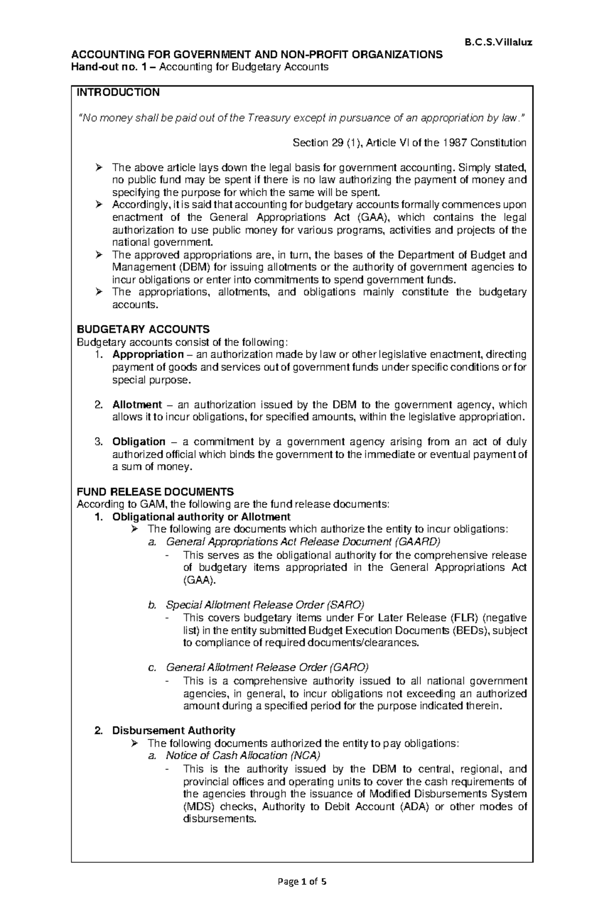 Handout 1 - BUDGETARY ACCOUNTS Budgetary accounts consist of the ...