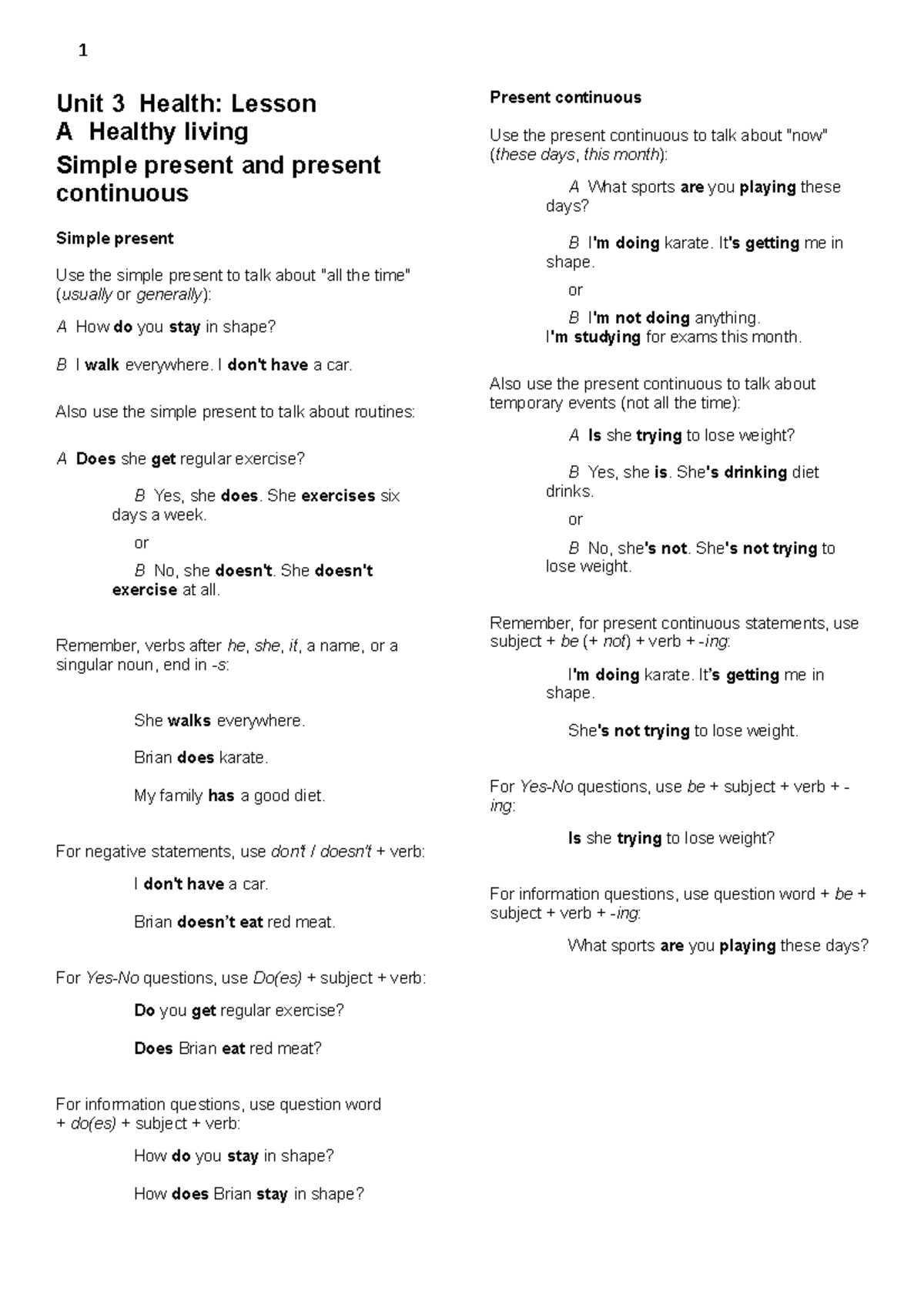 Unit 3 - 4 - Unit 3 and 4 - Unit 3 Health: Lesson A Healthy living ...