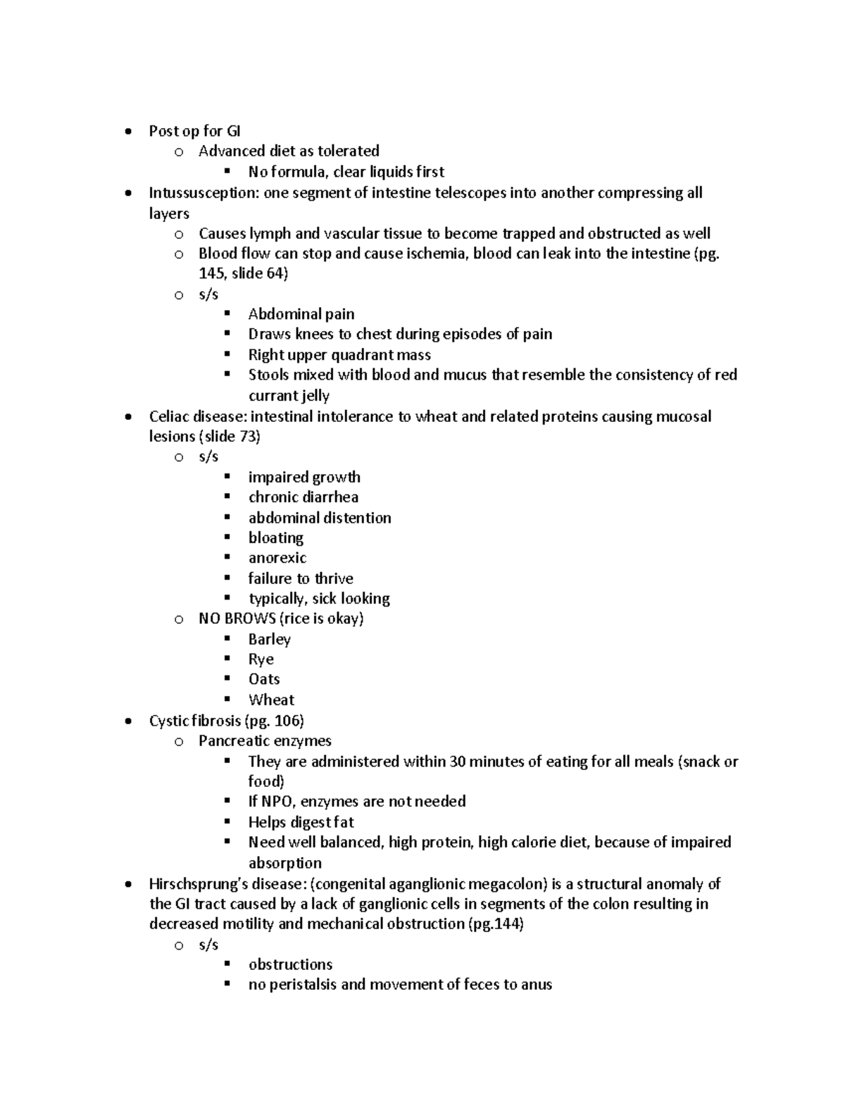 PEDS Final Review - Post op for GI o Advanced diet as tolerated No ...