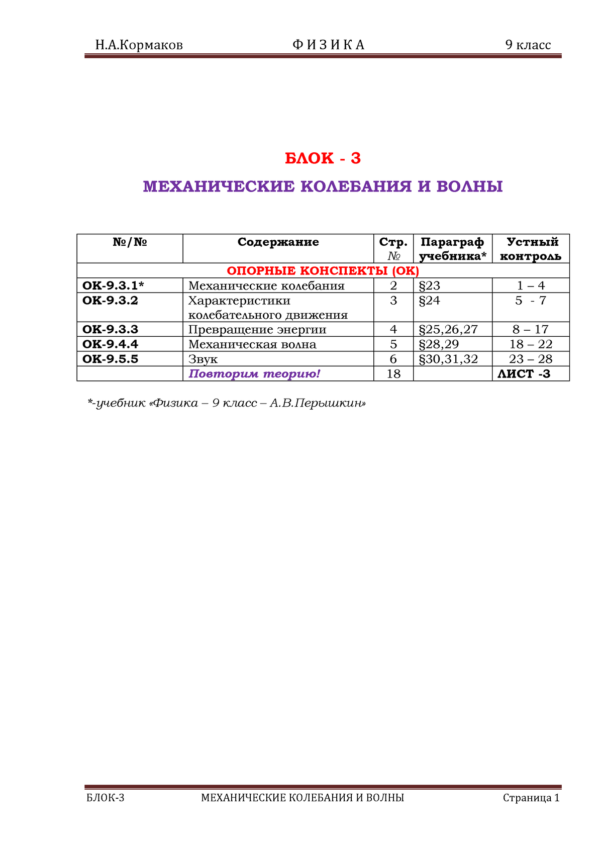 3.Мех.кол. и волны - БЛОК - 3 МЕХАНИЧЕСКИЕ КОЛЕБАНИЯ И ВОЛНЫ No/No  Содержание Стр. No Параграф - Studocu