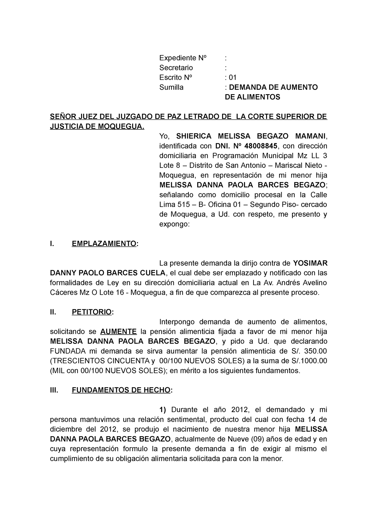 Demanda DE Aumento DE Pension Alimenticia - Expediente Nº : Secretario ...