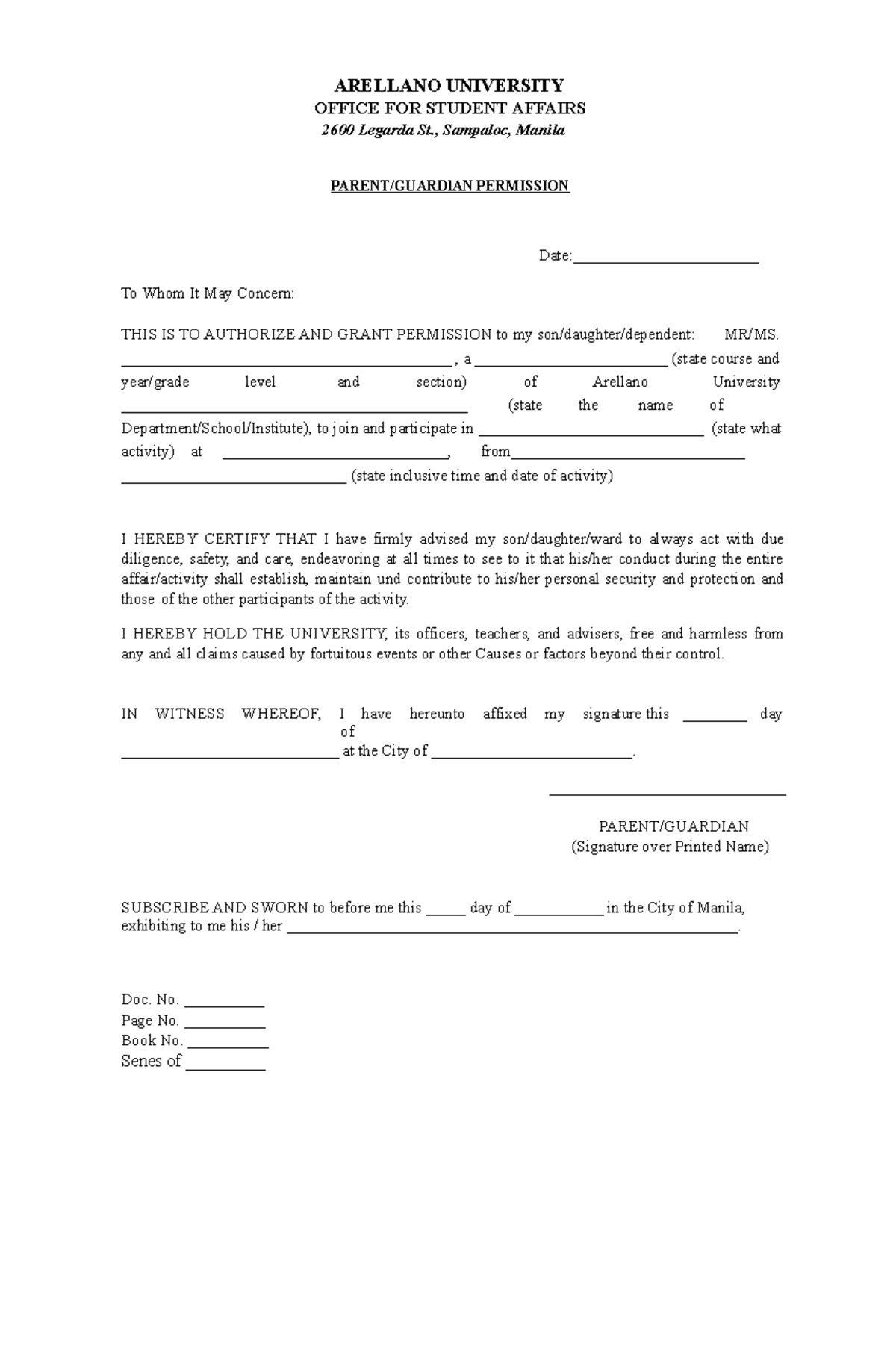 Waiver Arellano University Editable TEXT - ARELLANO UNIVERSITY OFFICE ...