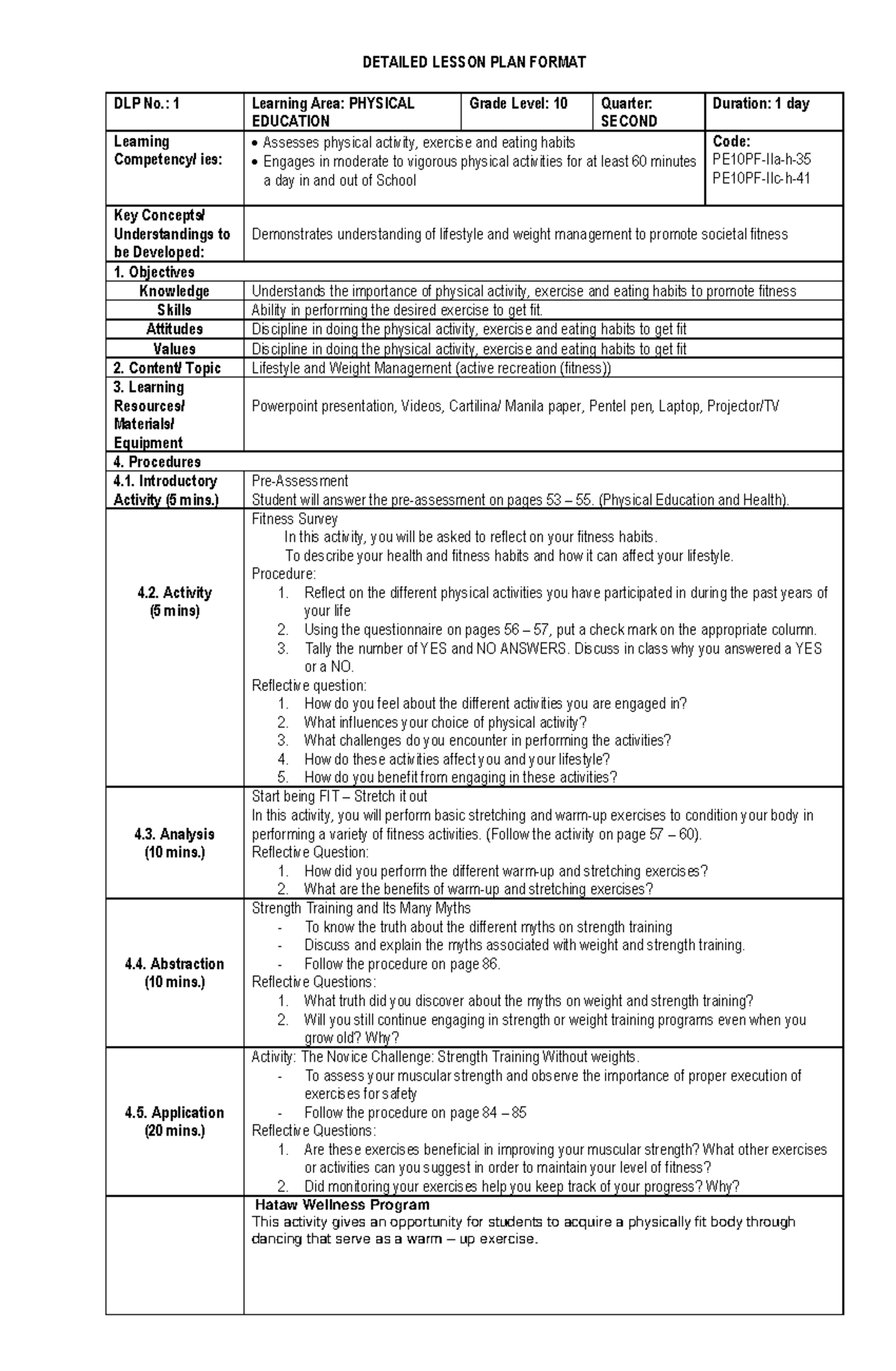 P.E Grade 10 - DETAILED LESSON PLAN FORMAT DLP No.: 1 Learning Area ...