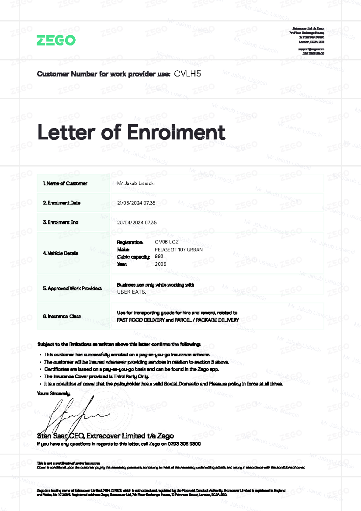 Zego template Customer Number for work provider use Extracover Ltd t