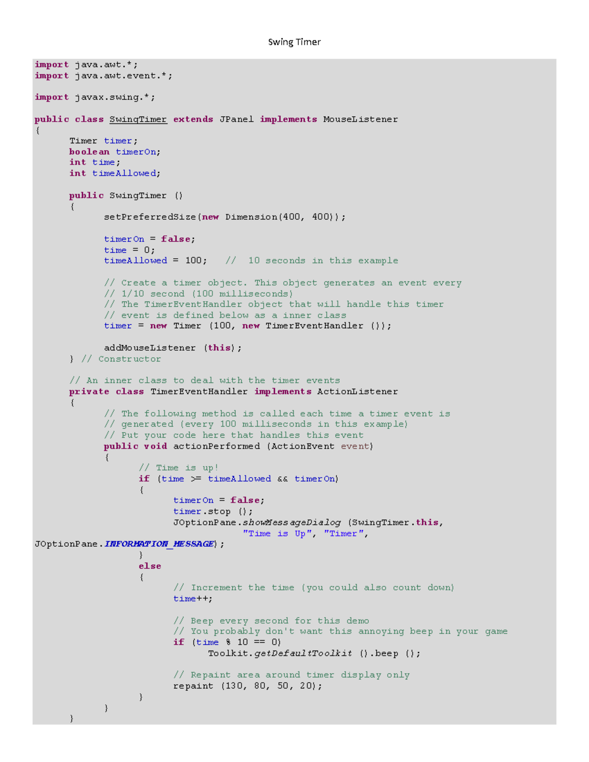 Swing Timer - Test - Swing Timer import java.; import java.awt.; import ...