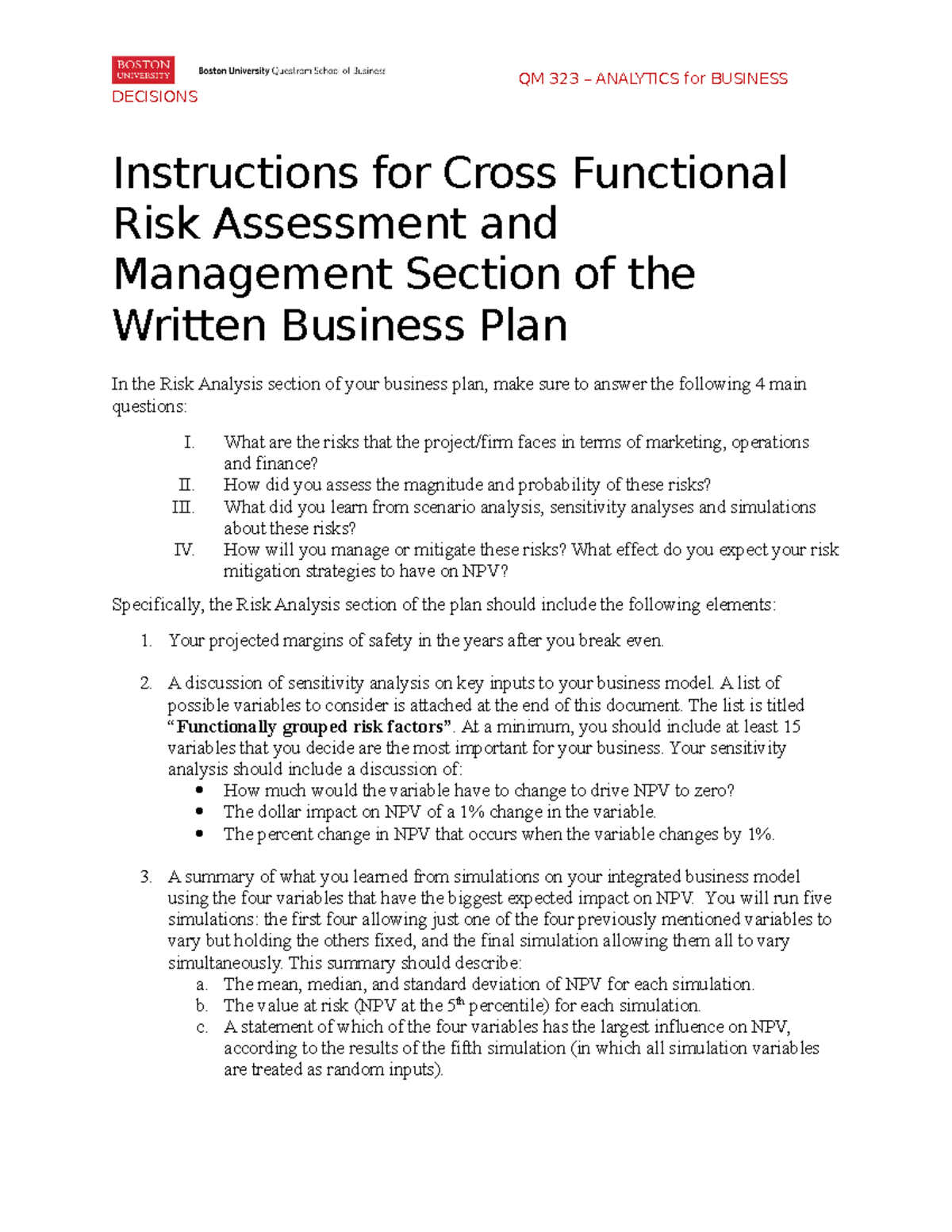 QM Guidelines for Cross Functional Risk Assessment section and workbook DECISIONS Instructions
