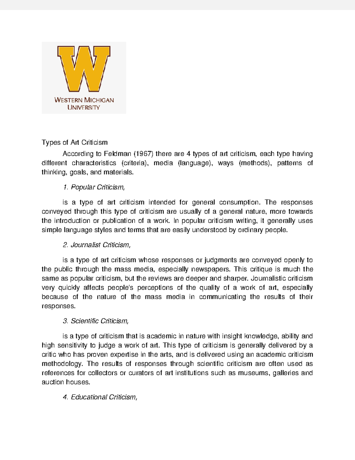 10 Business Types of Art Criticism According to Feldman (1967