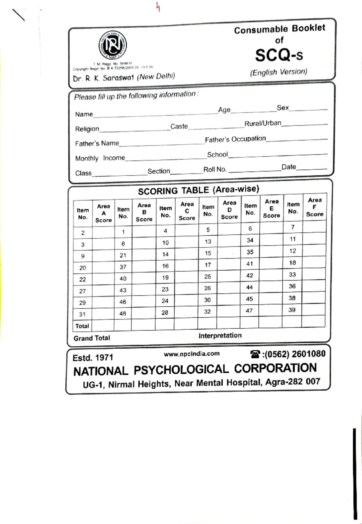 Pratical 4 Self Concept Questionnaire - Copvright Regd No A/2005 D ...