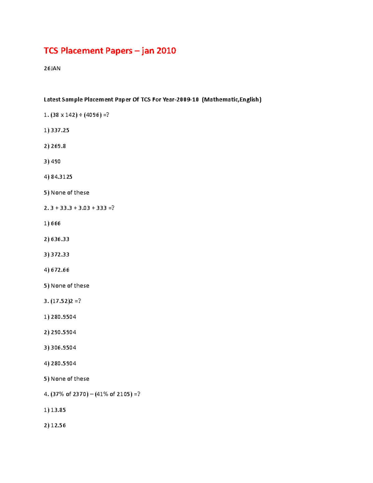 Placement Sample Paper 1 TCS Placement