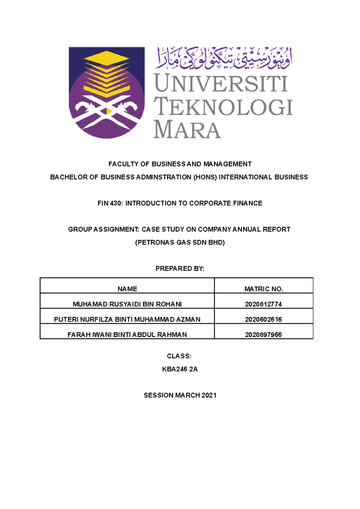 FIN- Group Assignment (Petronas) - FACULTY OF BUSINESS AND MANAGEMENT ...