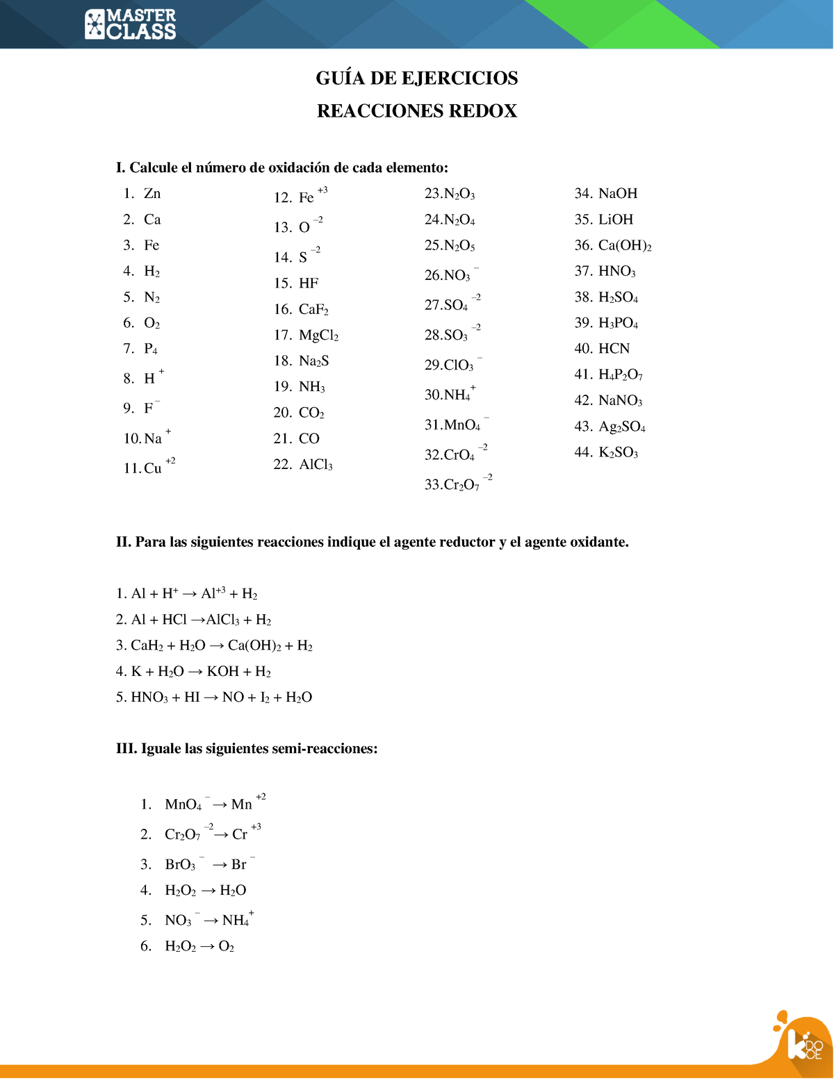 5 Guia De Ejercicios Reacciones Oxido Reduccion Redox IV - GUÍA DE ...