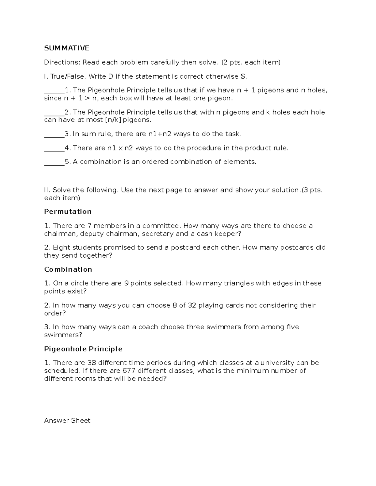 Summative - SUMMATIVE Directions: Read each problem carefully then ...