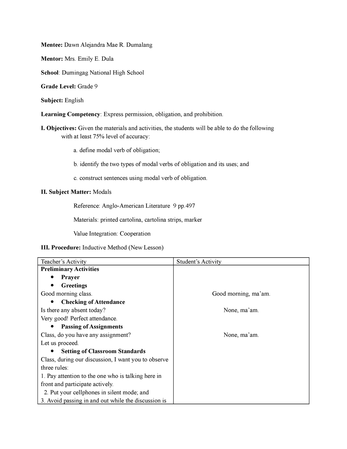 6.modals lp - modals - Mentee: Dawn Alejandra Mae R. Dumalang Mentor ...