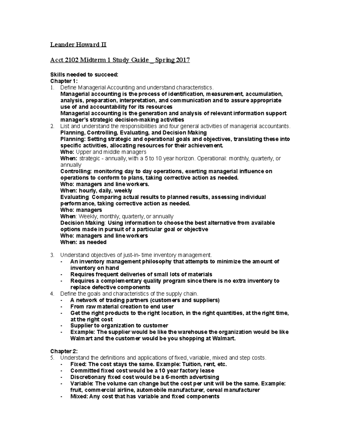 Study guide acct 2 exam 1 - Leander Howard II Acct 2102 Midterm 1 Study ...