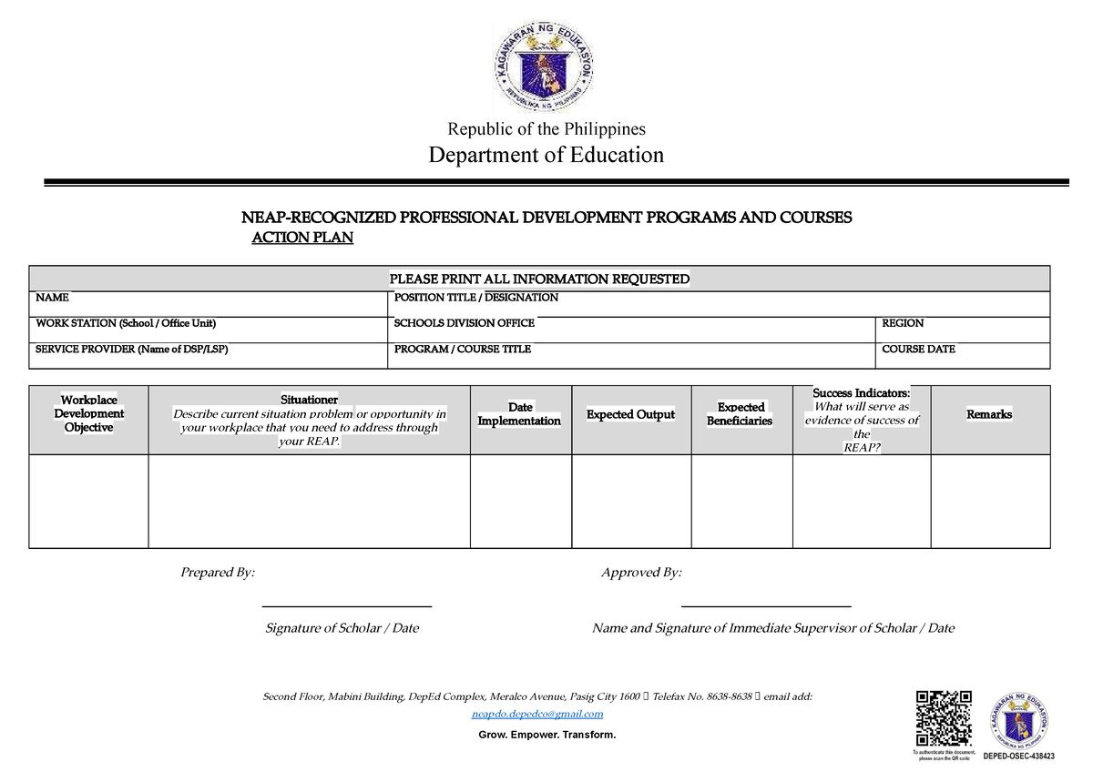 Enclosure K (Scholars Action Plan) (3) - Republic of the Philippines ...