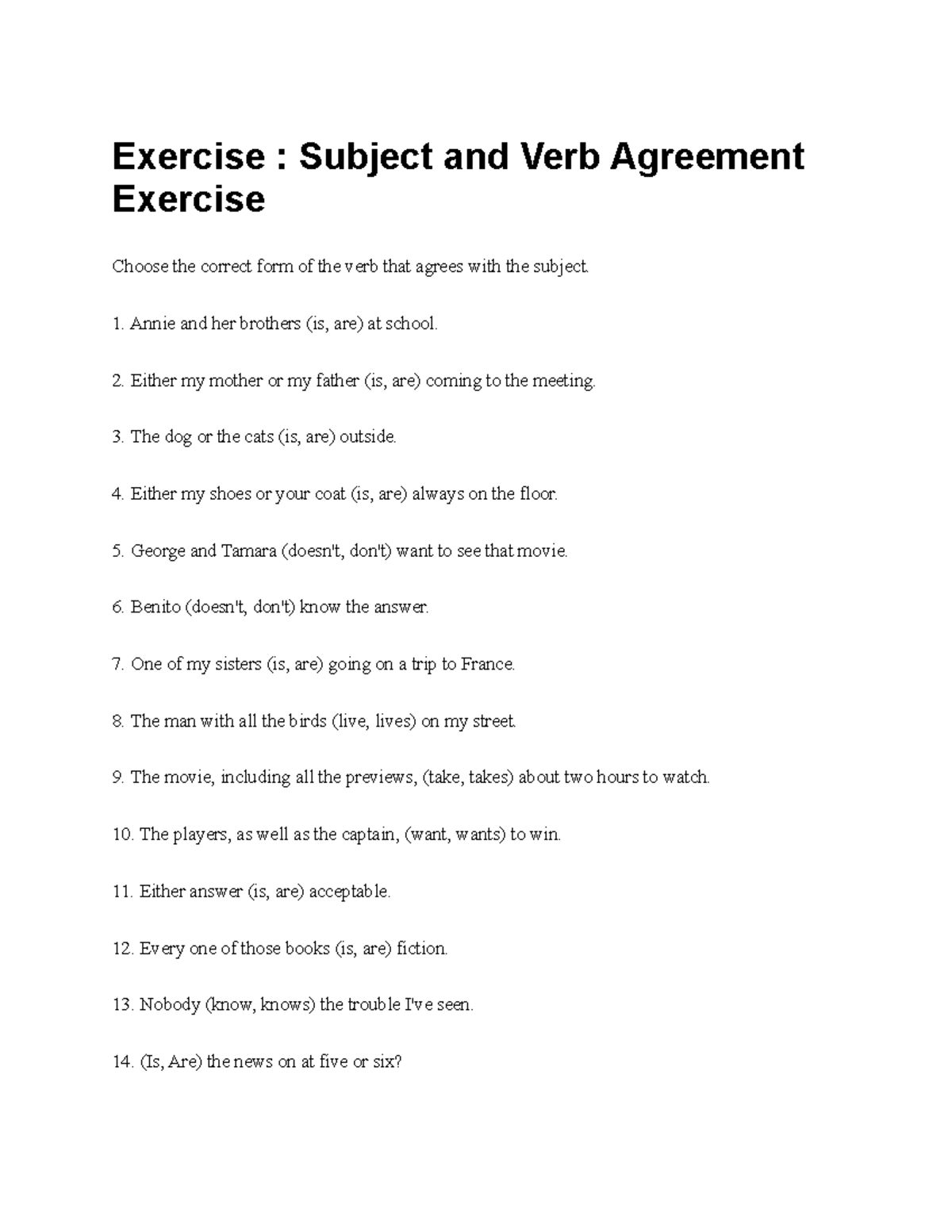 Exercise- Subject verb agreement - Exercise : Subject and Verb ...