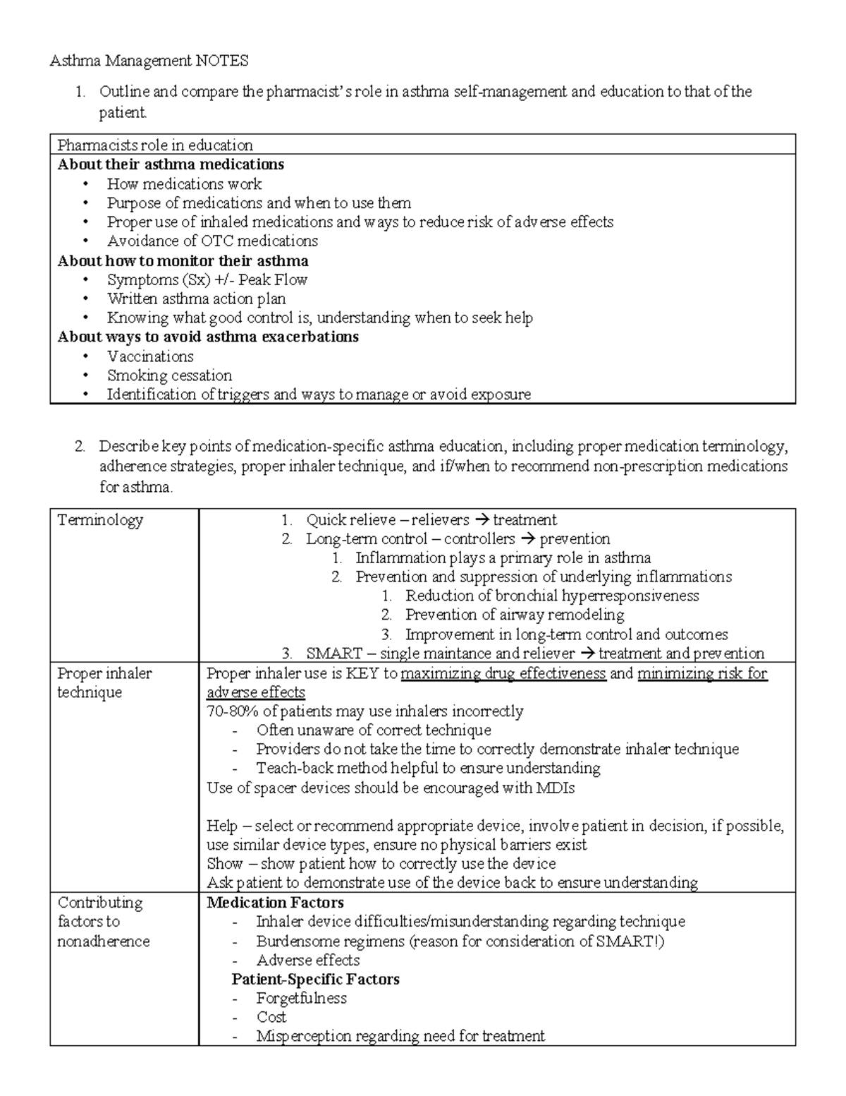 Asthma Notes - Asthma Management NOTES Outline and compare the ...