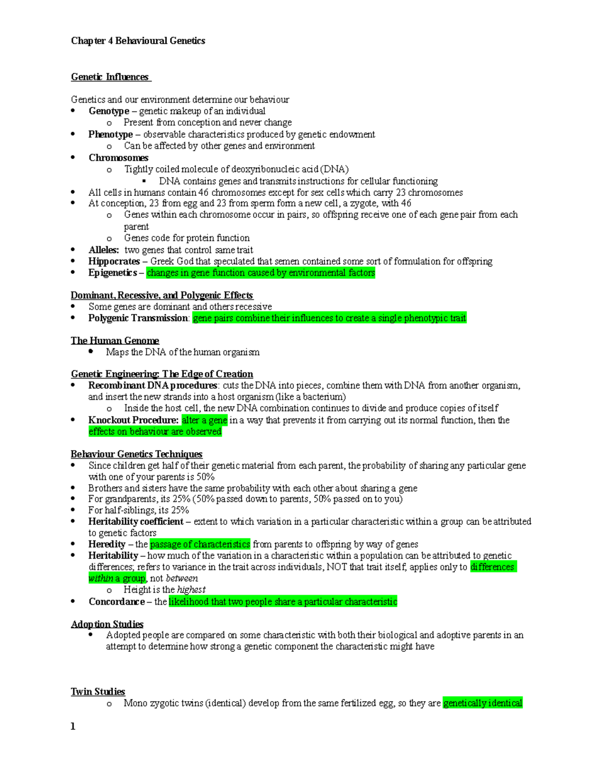 Chapter 4 - Behavioual Genetics - PSYCH1000 - UWO - Studocu