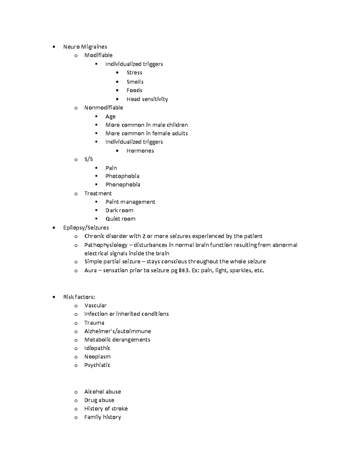 Unit 3 med surg. Neuro Study notes Neuro Migraines o Modifiable
