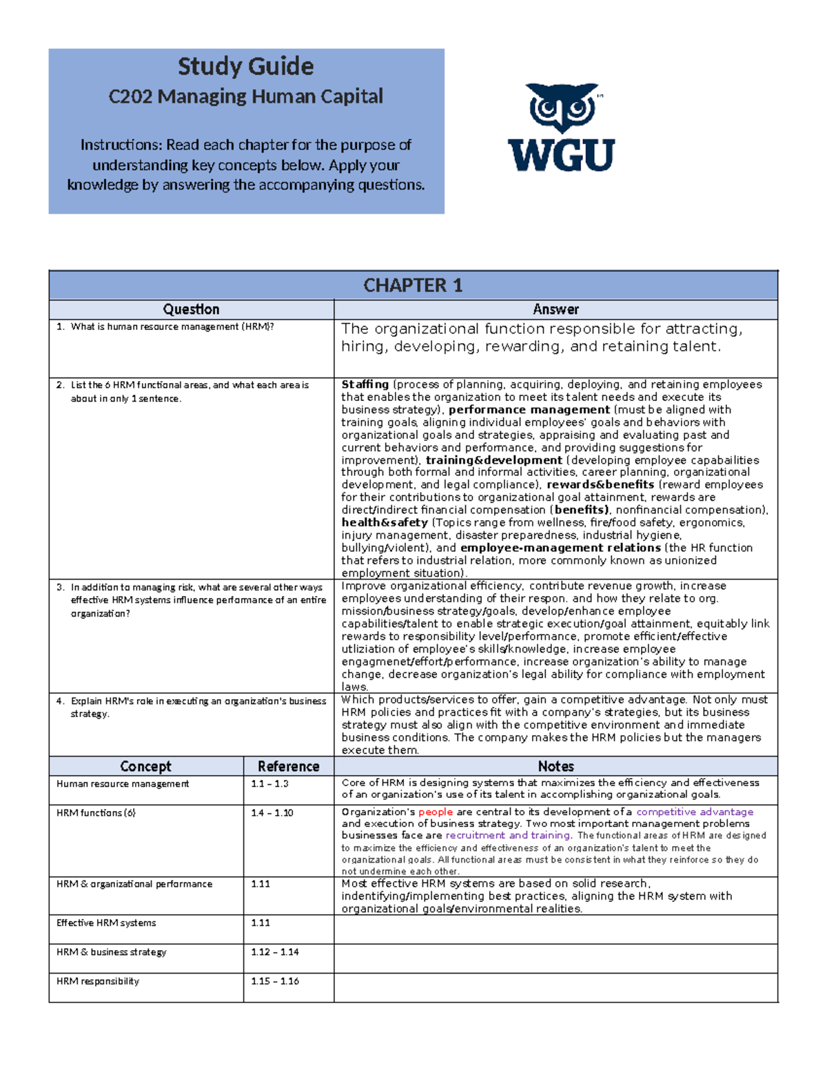 Study Guide C202 - Study Guide C202 Managing Human Capital Instructions ...