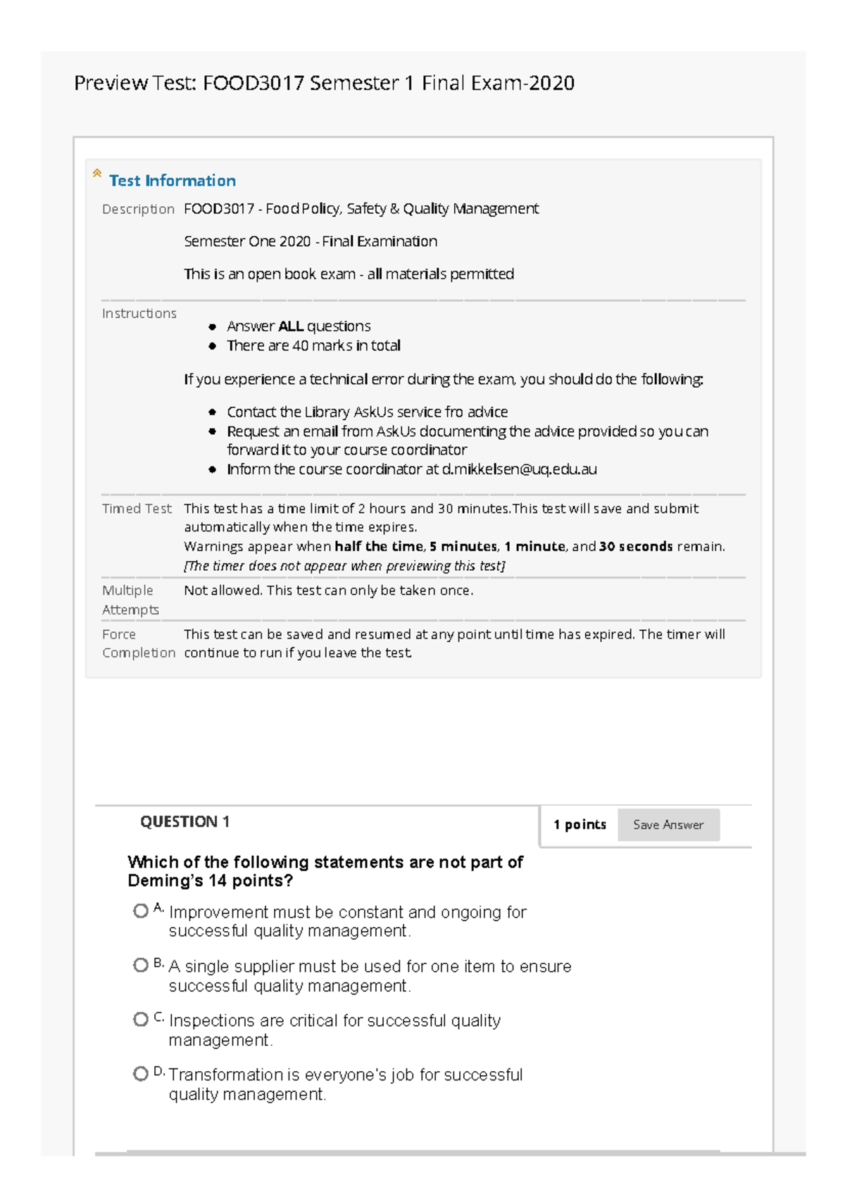Semester One Final Examinations 2020 FOOD3017 - Preview Test: FOOD3017