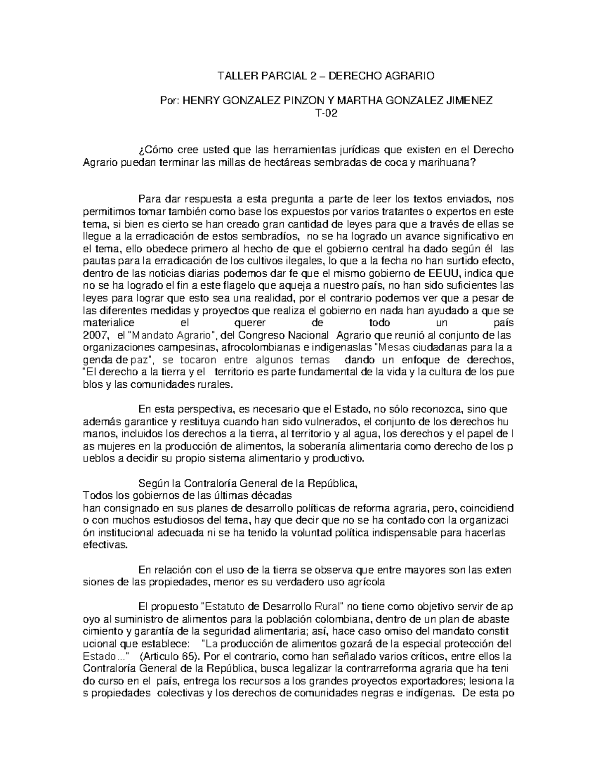 Taller Derecho Agrario - TALLER PARCIAL 2 – DERECHO AGRARIO Por: HENRY ...