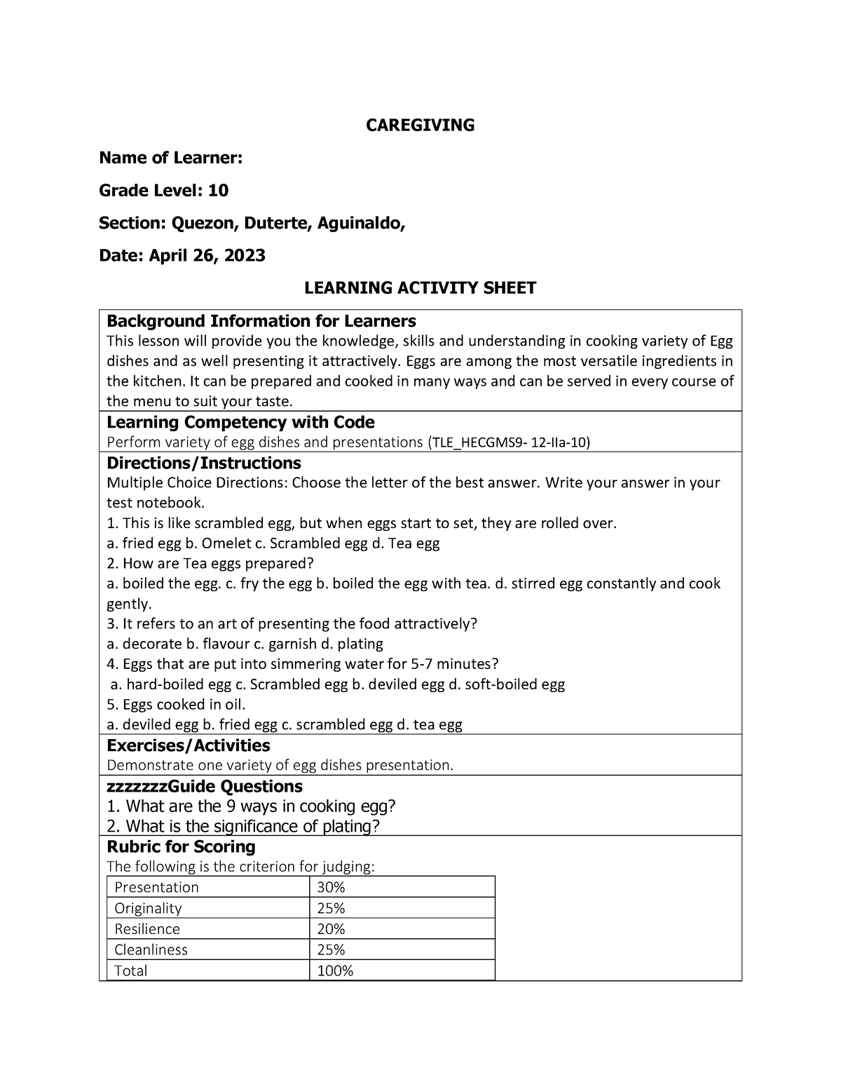 LAS - Template Of Learning Activity Sheet - CAREGIVING Name Of Learner ...