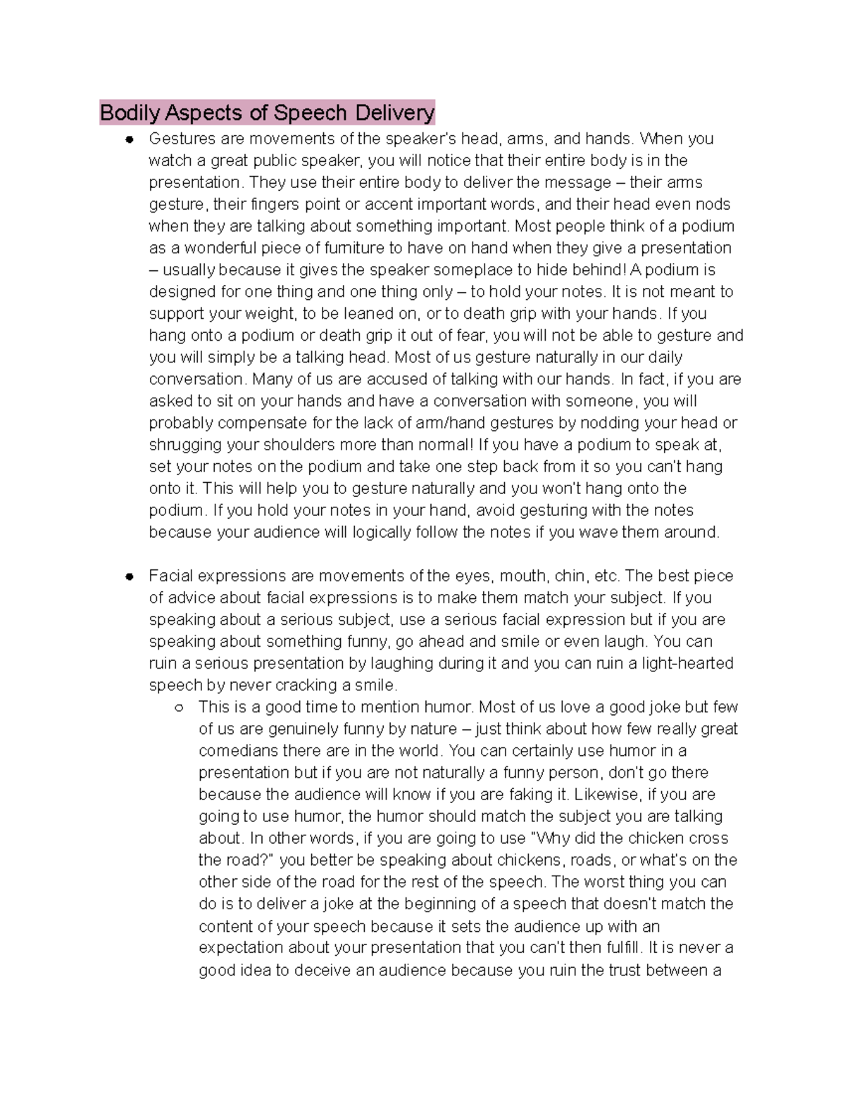 Public Speaking - Part 2 Notes - Bodily Aspects of Speech Delivery ...