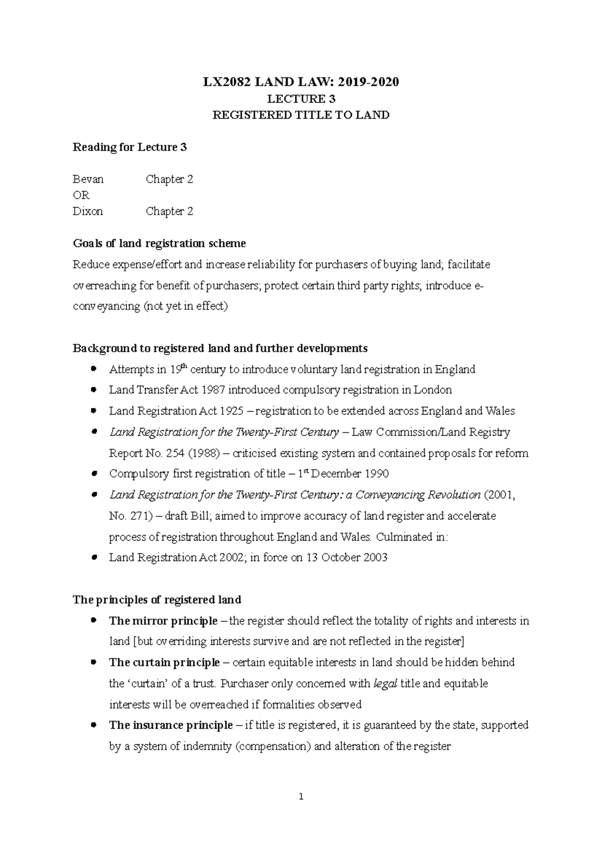 LX2082 Lecture 3 handout 201920 LX2082 LAND LAW 2019 LECTURE 3